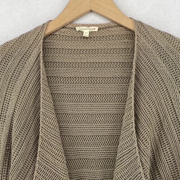 EILEEN FISHER Sweater S Cotton Ribbed Cardigan Draped Open Front Brown USA - Picture 4 of 11